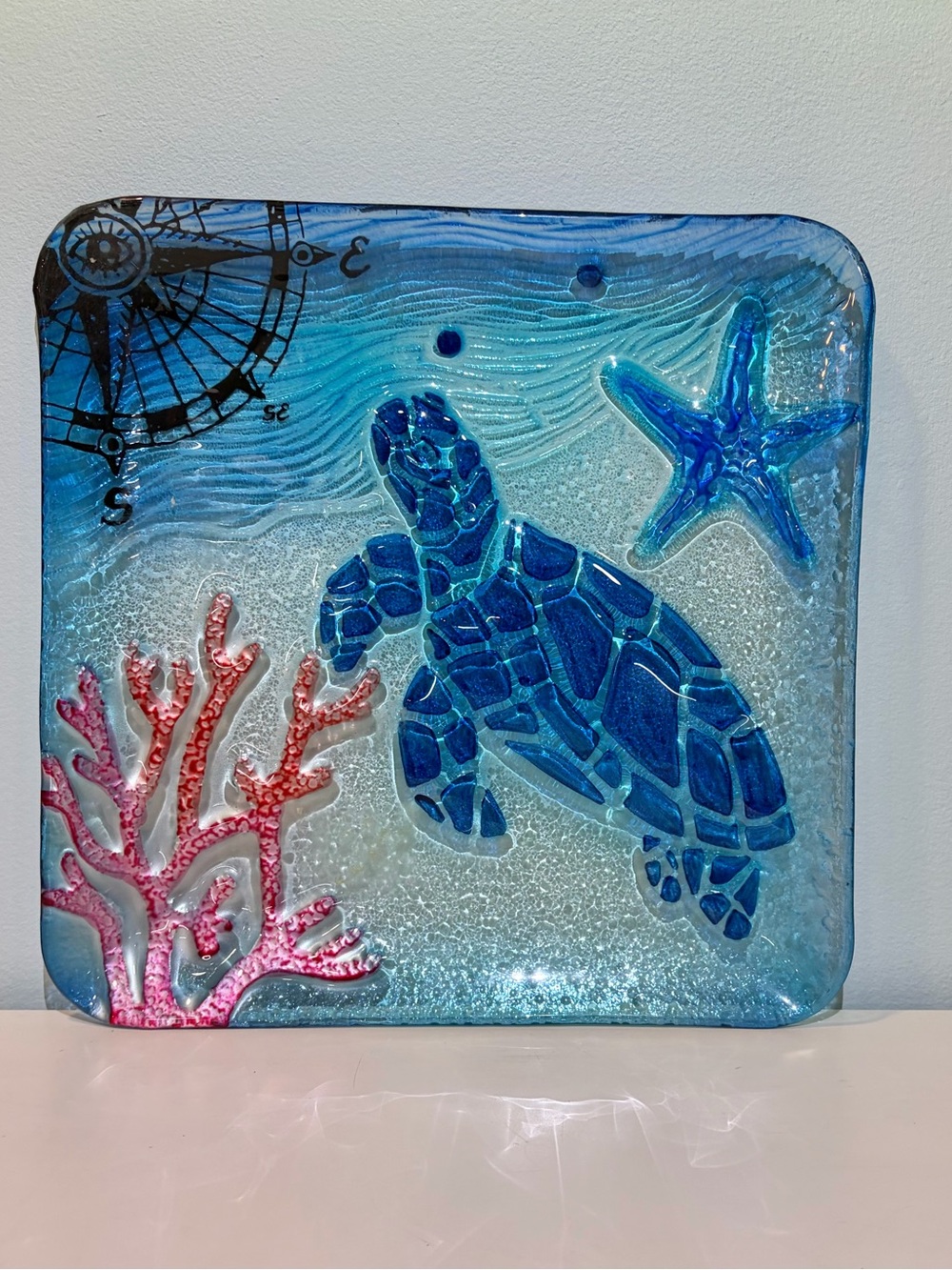 Blue Swimming Sea Turtle Glass Serving ing or Display Platter - 12” x 12” Size